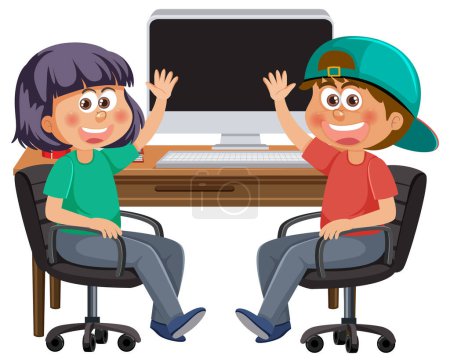 Téléchargez les illustrations : Children sitting in front of computer illustration - en licence libre de droit