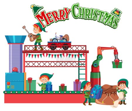 Téléchargez les illustrations : Joyeux texte de Noël avec des elfes faisant illustration cadeau de Noël - en licence libre de droit