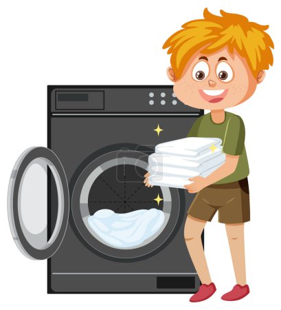 Téléchargez les illustrations : Dessin animé garçon faisant la lessive avec machine à laver illustration - en licence libre de droit