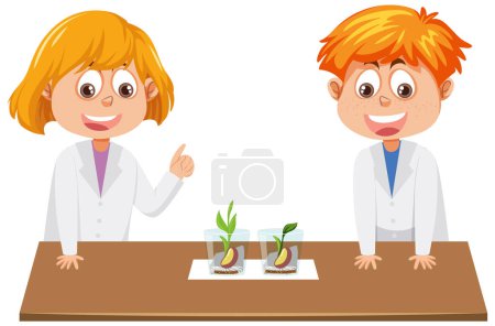 Téléchargez les illustrations : Boy and girl experiment on plant growing illustration - en licence libre de droit
