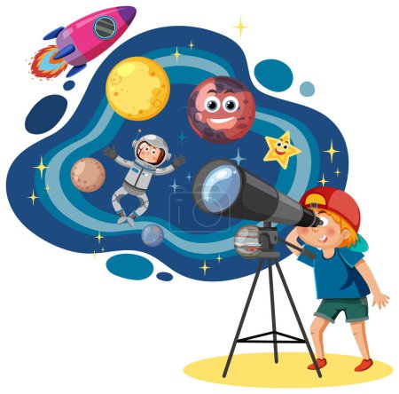 Ilustración de Niño observando planetas con ilustración de telescopio - Imagen libre de derechos