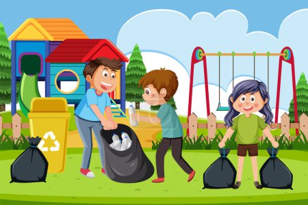 Téléchargez les illustrations : Dessins animés enfants ramassant des ordures dans le parc illustration - en licence libre de droit