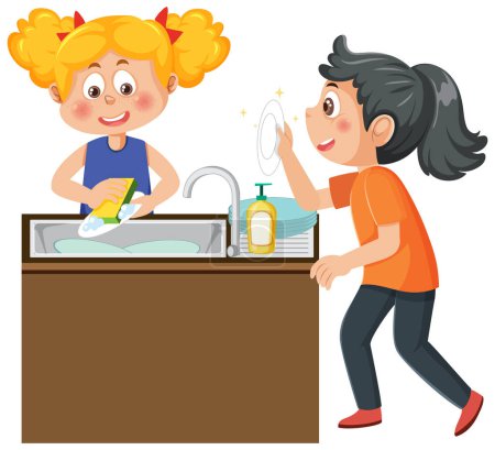 Téléchargez les illustrations : Deux enfants lavant la vaisselle ensemble illustration - en licence libre de droit