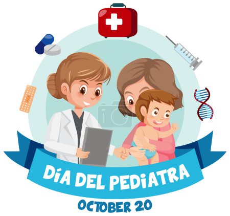 Illustration for Dia del Pediatra text with cartoon character illustration - Royalty Free Image