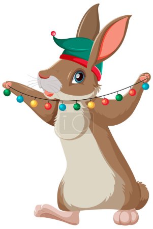 Ilustración de Cute rabbit cartoon holding light Christmas illustration - Imagen libre de derechos
