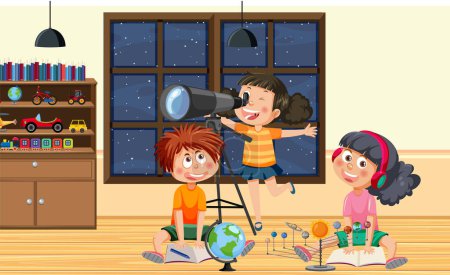 Ilustración de Niños estudiando astronomía con ilustración de telescopio - Imagen libre de derechos