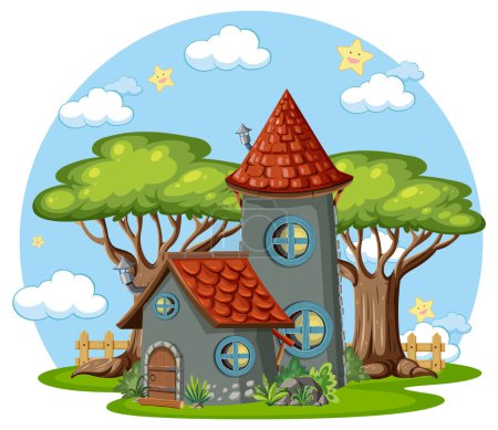 Téléchargez les illustrations : Fairytale house decorated with tree illustration - en licence libre de droit