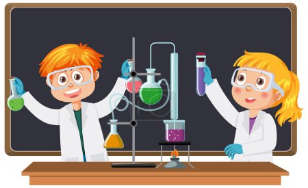 Illustration for Blank blackboard with scientist boy and girl experiment illustration - Royalty Free Image