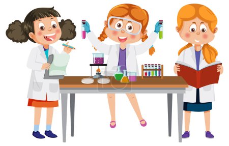 Téléchargez les illustrations : Three kids doing science experiment illustration - en licence libre de droit