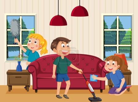 Téléchargez les illustrations : Enfants nettoyage salle ensemble illustration - en licence libre de droit