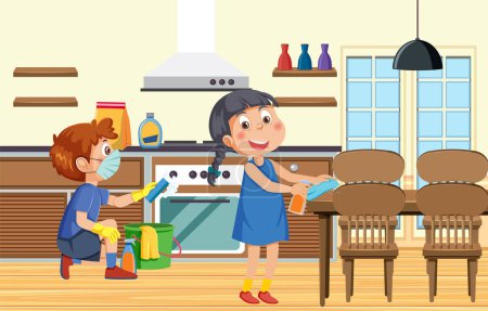 Illustration for Kids cleaning room together illustration - Royalty Free Image