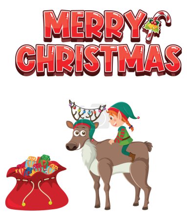 Illustration for Merry Christmas text with elf and reindeer illustration - Royalty Free Image