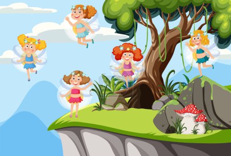 Ilustración de Cute fairies in forest background illustration - Imagen libre de derechos