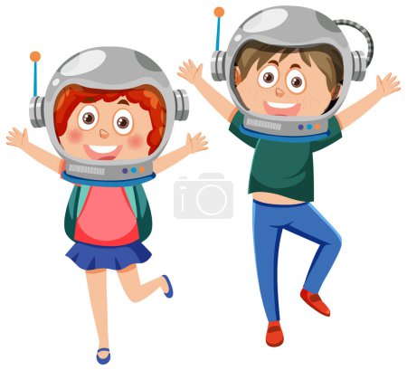 Téléchargez les illustrations : Illustration de deux enfants portant un casque d'astronaute - en licence libre de droit