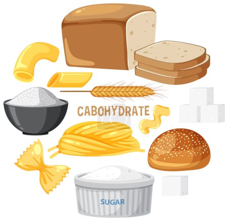 Variety of carbohydrates foods illustration