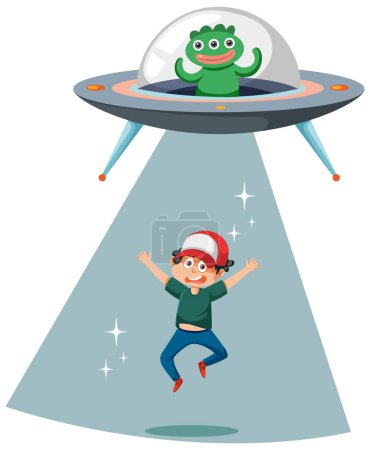 Ilustración de Alien monster in ufo with a boy cartoon character illustration - Imagen libre de derechos