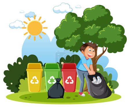 Téléchargez les illustrations : A boy collecting rubbish outdoor scene illustration - en licence libre de droit