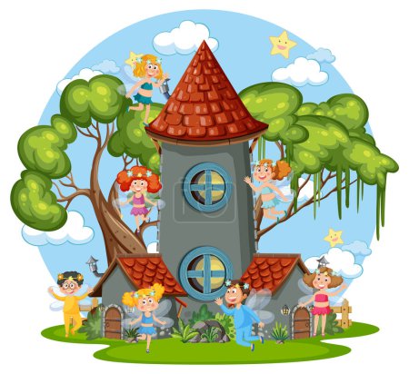 Ilustración de Fairies flying around fairytale tower illustration - Imagen libre de derechos