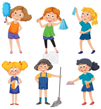 Illustration for Kids cleaning at home set illustration - Royalty Free Image