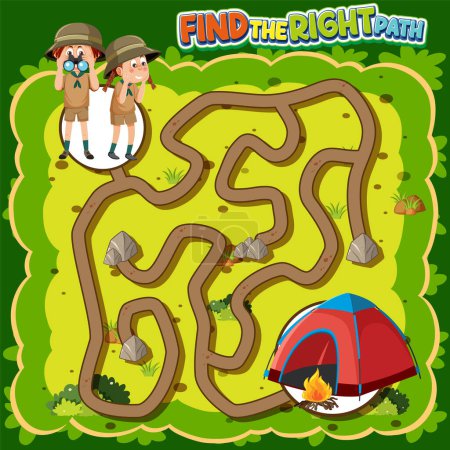 Téléchargez les illustrations : Modèle de jeu de labyrinthe dans le thème de camping pour enfants illustration - en licence libre de droit