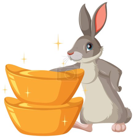 Illustration for Cute rabbit with gold cartoon illustration - Royalty Free Image