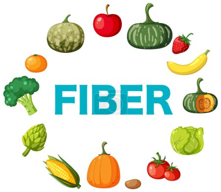 Ilustración de Fiber text around with vegetables and fruits illustration - Imagen libre de derechos