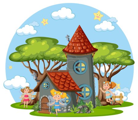 Ilustración de Fairytale tower decorated with tree illustration - Imagen libre de derechos