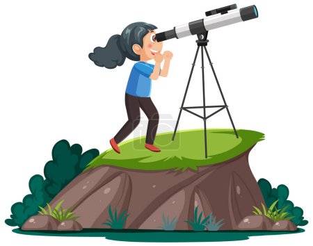 Téléchargez les illustrations : Une fille regardant à travers l'illustration du télescope - en licence libre de droit
