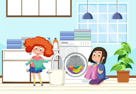 Téléchargez les illustrations : Girls doing laundry at home illustration - en licence libre de droit
