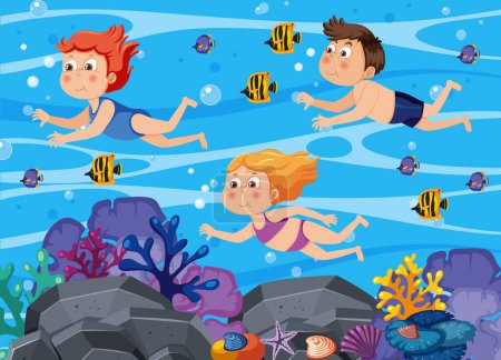 Téléchargez les illustrations : Kids swimming snorkeling underwater illustration - en licence libre de droit