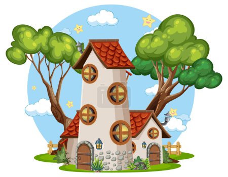 Illustration for Fairytale tower decorated with tree illustration - Royalty Free Image