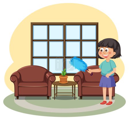 Illustration for A girl cleaning living room illustration - Royalty Free Image