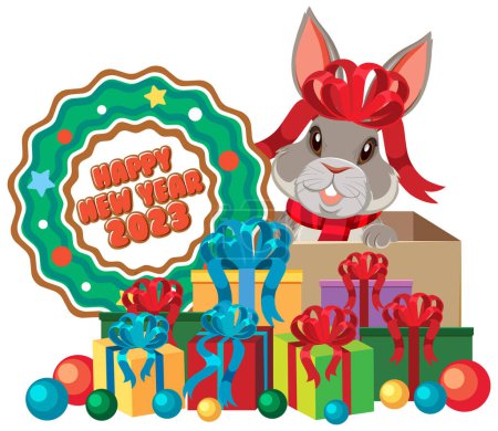 Illustration for Happy New Year 2023 with cute rabbit illustration - Royalty Free Image