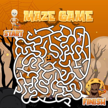 Illustration for Maze game template in Halloween theme for kids illustration - Royalty Free Image