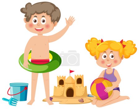 Téléchargez les illustrations : Two kids in summer beach theme illustration - en licence libre de droit
