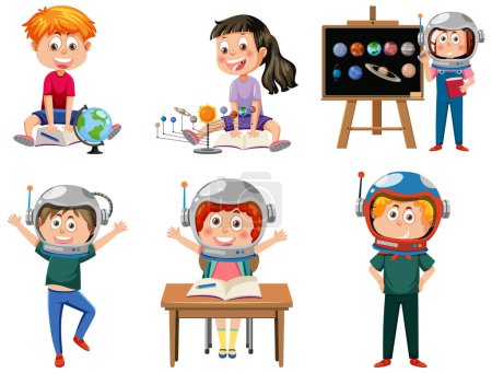 Ilustración de Conjunto de niños estudiantes aprendiendo astronomía ilustración - Imagen libre de derechos