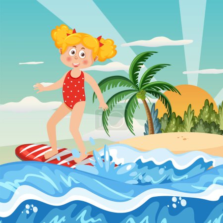 Téléchargez les illustrations : A girl surfing at the beach background illustration - en licence libre de droit