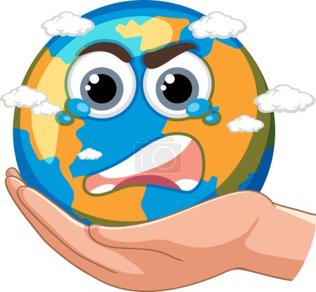 Téléchargez les illustrations : Human hand holding crying earth from global warming illustration - en licence libre de droit