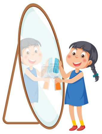 Téléchargez les illustrations : Une fille essuyant miroir par chiffon et pulvérisation illustration - en licence libre de droit