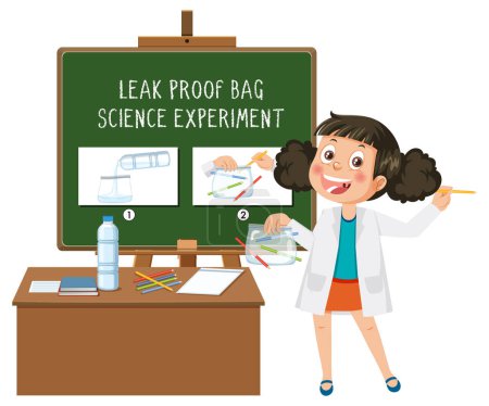 Illustration for Student girl explaining leak proof bag science experiment illustration - Royalty Free Image