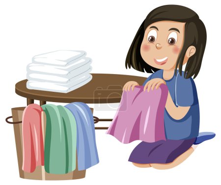Ilustración de Woman folding clothes and fabrics illustration - Imagen libre de derechos