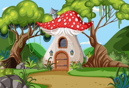 Ilustración de Fairytale house in forest scene illustration - Imagen libre de derechos
