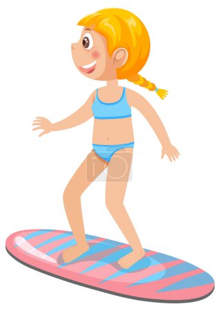 Illustration for A girl wearing swimsuit standing on surfboard illustration - Royalty Free Image