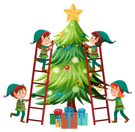 Téléchargez les illustrations : Enfants en costume d'elfe décorant l'illustration du sapin de Noël - en licence libre de droit