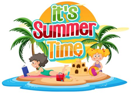 Illustration for Its summer time text with kids on the beach illustration - Royalty Free Image