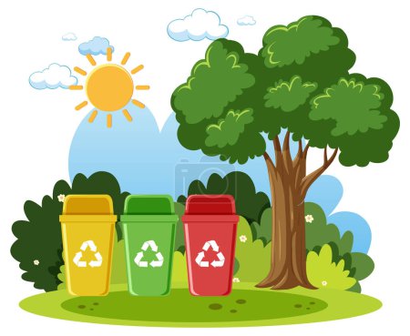 Téléchargez les illustrations : Différents types de poubelles à l'illustration du parc - en licence libre de droit
