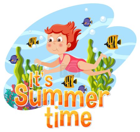Téléchargez les illustrations : A girl diving underwater with summer time text illustration - en licence libre de droit