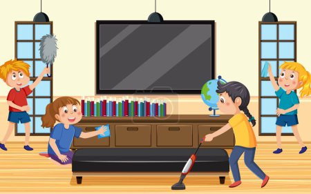 Téléchargez les illustrations : Kids cleaning living room together illustration - en licence libre de droit