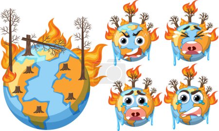 Illustration for Set of earth with global warming crisis illustration - Royalty Free Image