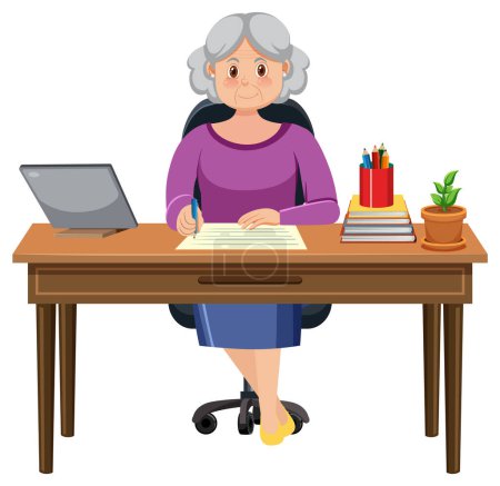 Illustration for Old woman sitting in front of laptop illustration - Royalty Free Image